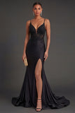 Spaghetti Straps Black Mermaid Long Prom Dress with Slit