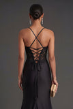 Spaghetti Straps Black Mermaid Long Prom Dress with Slit
