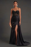 Ruched Black Spaghetti Straps Mermaid Long Formal Dress with Slit