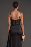 Ruched Black Spaghetti Straps Mermaid Long Formal Dress with Slit