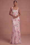 Leely Women Pink Sparkly Beaded Floral Mermaid Long Prom Dress Thick Straps Backless Sleeveless Pageant Dress