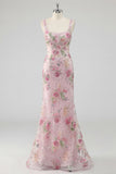 Pink Sparkly Beaded Floral Mermaid Long Prom Dress