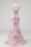 Pink Sparkly Beaded Floral Mermaid Long Prom Dress