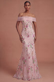 Pink Sparkly Off the Shoulder Floral Mermaid Long Prom Dress