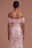 Pink Sparkly Off the Shoulder Floral Mermaid Long Prom Dress