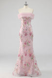 Pink Sparkly Off the Shoulder Floral Mermaid Long Prom Dress