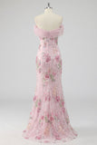 Pink Sparkly Off the Shoulder Floral Mermaid Long Prom Dress