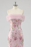 Pink Sparkly Off the Shoulder Floral Mermaid Long Prom Dress