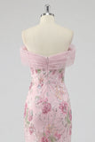 Pink Sparkly Off the Shoulder Floral Mermaid Long Prom Dress