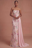 Pink Floral Sparkly Long Prom Dress with Cape