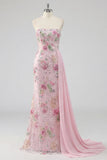 Pink Floral Sparkly Long Prom Dress with Cape