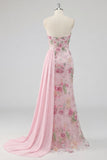 Pink Floral Sparkly Long Prom Dress with Cape