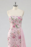 Pink Floral Sparkly Long Prom Dress with Cape