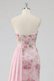 Pink Floral Sparkly Long Prom Dress with Cape