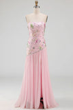 Pink Pleated Floral A Line Long Prom Dress with Slit