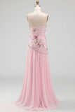 Pink Pleated Floral A Line Long Prom Dress with Slit