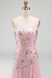 Pink Pleated Floral A Line Long Prom Dress with Slit