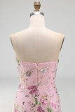 Pink Pleated Floral A Line Long Prom Dress with Slit