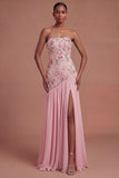 Pink Pleated Floral A Line Long Prom Dress with Slit