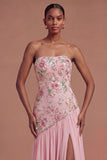 Pink Pleated Floral A Line Long Prom Dress with Slit