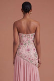 Pink Pleated Floral A Line Long Prom Dress with Slit