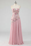 Pink Pleated Floral A Line Long Prom Dress with Slit