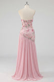 Pink Pleated Floral A Line Long Prom Dress with Slit