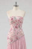 Pink Pleated Floral A Line Long Prom Dress with Slit
