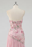 Pink Pleated Floral A Line Long Prom Dress with Slit