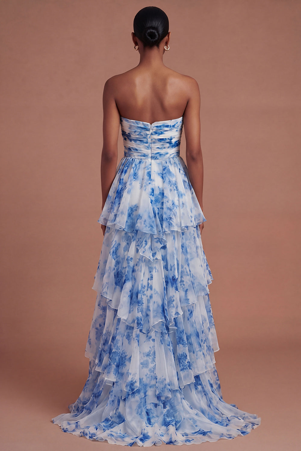 Leely Women Drop Waits White Blue Floral Ruffled Long Prom Dress with
