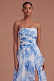 Drop Waits White Blue Floral Ruffled Long Prom Dress with Slit