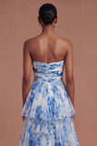 Drop Waits White Blue Floral Ruffled Long Prom Dress with Slit