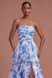 White Blue Floral A Line Tiered Long Prom Dress with Slit