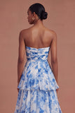 White Blue Floral A Line Tiered Long Prom Dress with Slit