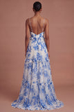 White Blue Floral A Line Backless Long Prom Dress