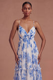White Blue Floral A Line Backless Long Prom Dress