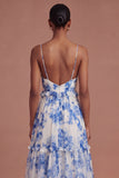 White Blue Floral A Line Backless Long Prom Dress