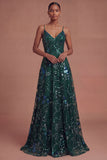 A Line Dark Green Spaghetti Straps Long Prom Dress
