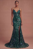 Mermaid Dark Green Spaghetti Straps Long Prom Dress with Slit