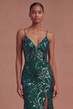 Mermaid Dark Green Spaghetti Straps Long Prom Dress with Slit