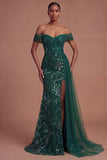 Mermaid Dark Green Off the Shoulder Long Prom Dress with Slit