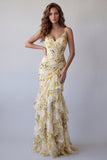 Light Yellow Floral Mermaid Ruffled Long Formal Dress