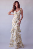 Light Yellow Floral Mermaid Ruffled Long Formal Dress