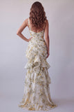 Light Yellow Floral Mermaid Ruffled Long Formal Dress