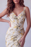 Light Yellow Floral Mermaid Ruffled Long Formal Dress
