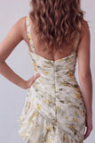 Light Yellow Floral Mermaid Ruffled Long Formal Dress