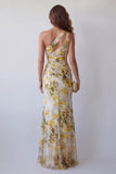 Light Yellow Floral Ruched Backless Long Formal Dress