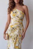 Light Yellow Floral Ruched Backless Long Formal Dress