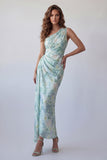 Light Green Sheath Floral Ruched Long Formal Dress