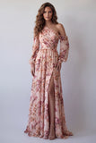 Pink Floral A Line Ruched Long Formal Dress